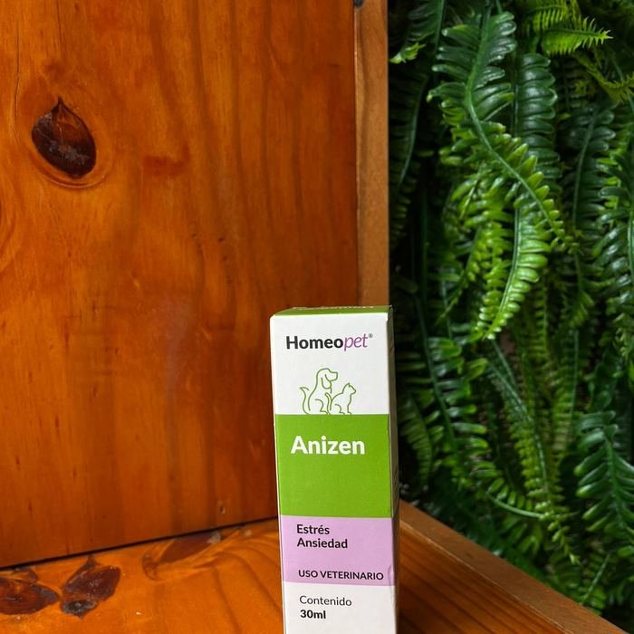 Caixa do produto Homeopet Anizen, gotas veterinárias para estresse e ansiedade
