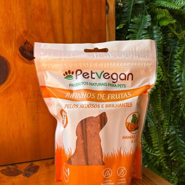 Pacote de bifinhos de frutas PetVegan sabor mamão, laranja e coco