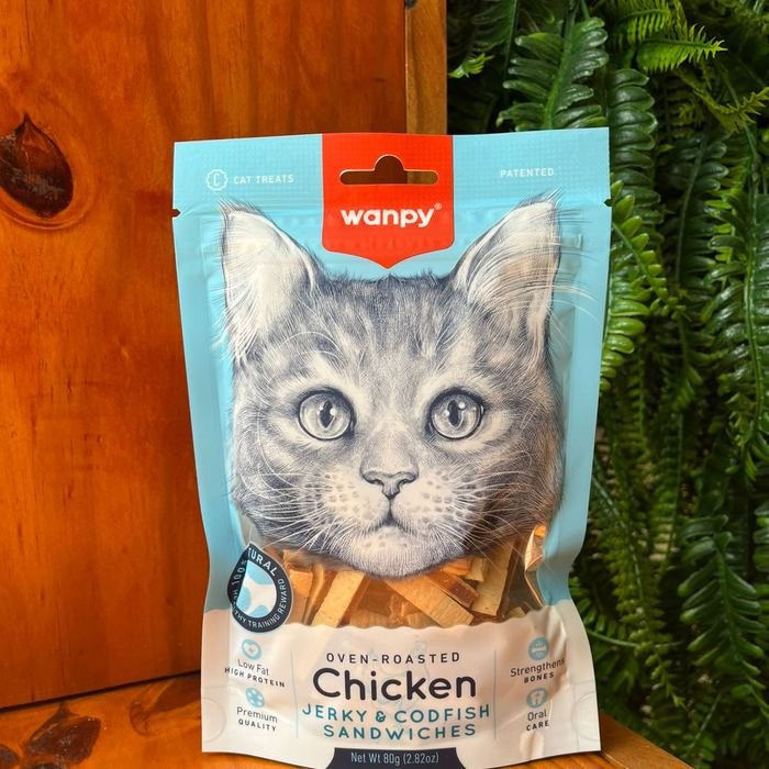 Petisco Wanpy em formato sanduíche de frango e bacalhau para gatos